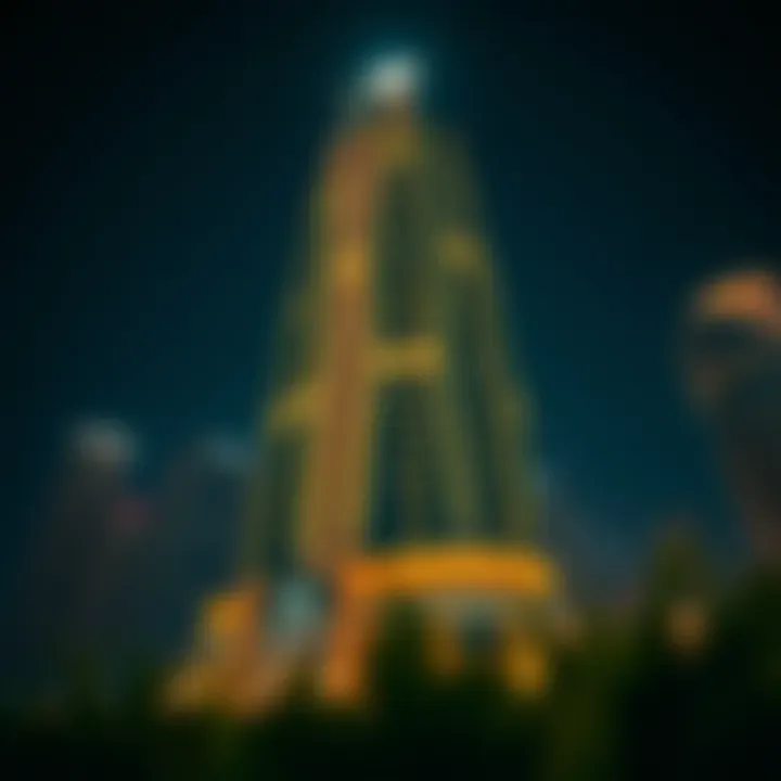 Nighttime illumination of Al Garhoud Star Building emphasizing its prominence