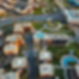 Aerial view of Al Mamsha Alef showcasing its modern architecture and green spaces.