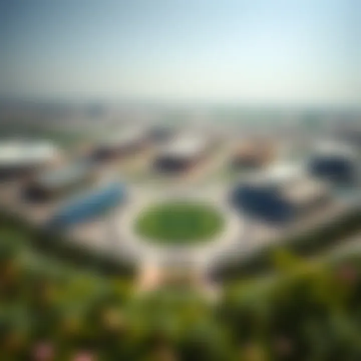 Panorama of Sports Complexes in Dubai Sports City A panoramic view of the various sports complexes and residential areas within Dubai Sports City.