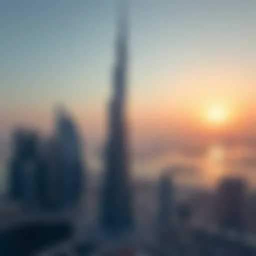Aerial view of Dubai Creek Tower showcasing its unique silhouette against a sunset