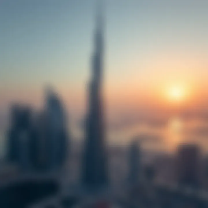 Aerial view of Dubai Creek Tower showcasing its unique silhouette against a sunset