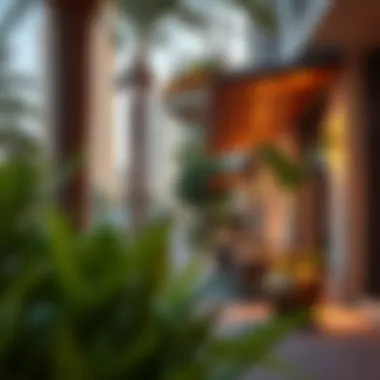 An illustration of key amenities available in the Al Karama neighborhood, including parks and cafes.