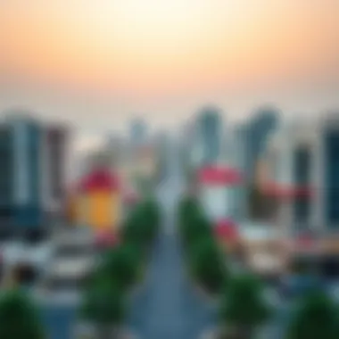 A panoramic view of Al Karama showcasing a mix of residential buildings and local shops.