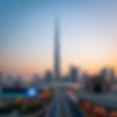 Dubai Skyline: Blue Tower's Prominence Panoramic skyline shot of Dubai including the Blue Tower, highlighting its significance.
