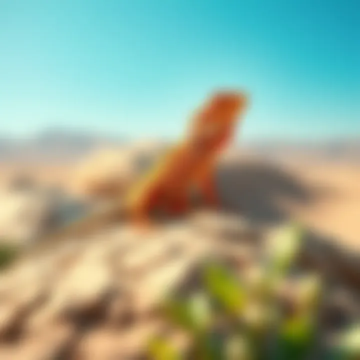 Wildlife in a desert park, featuring a vibrant lizard basking on a sunlit rock, illustrating the fauna diversity