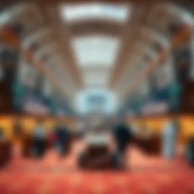The bustling auction hall showcasing property listings