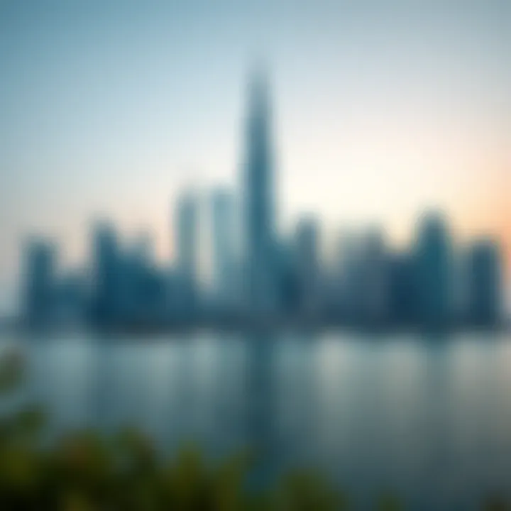 Modern skyline of Dubai with Lake Central Tower in the foreground