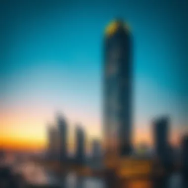 Sunset view over Business Bay highlighting Lake Central Tower's prominence