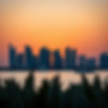 Sunset Skyline of Pearl Jumeirah Island Modern skyline of Pearl Jumeirah Island against a sunset backdrop