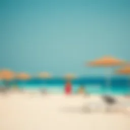 Vibrant beach scene with sun loungers and umbrellas