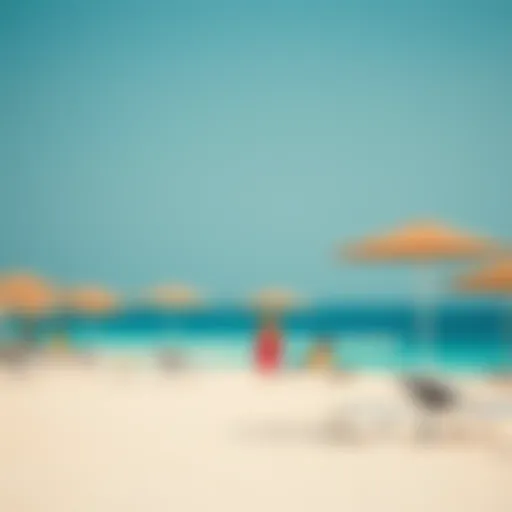 Vibrant beach scene with sun loungers and umbrellas