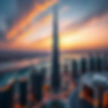 Burj Khalifa: A Sunset Icon Breathtaking view of Burj Khalifa at sunset from Downtown Dubai