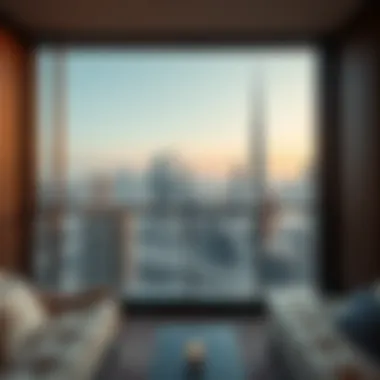 Panoramic view of Dubai skyline from serviced apartment balcony