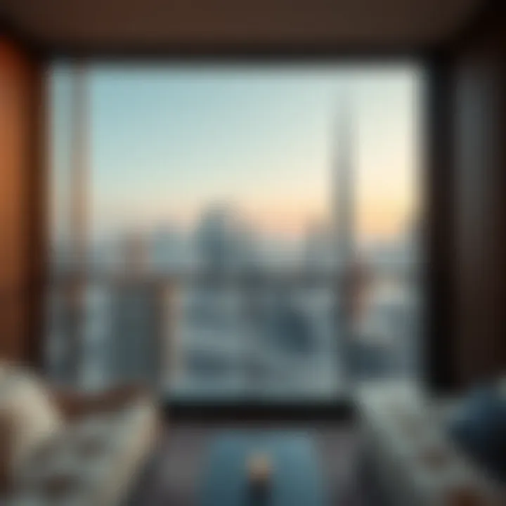 Panoramic view of Dubai skyline from serviced apartment balcony