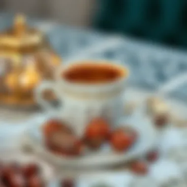 A richly brewed cup of Arabic coffee served with dates