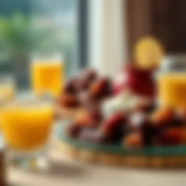 An array of dates and beverages for breaking fast