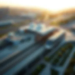 Aerial view of International City Metro Station showcasing its architecture and surrounding landscape
