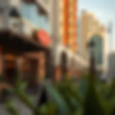 Vibrant lifestyle scene near Iris Bay Tower with cafes and shops