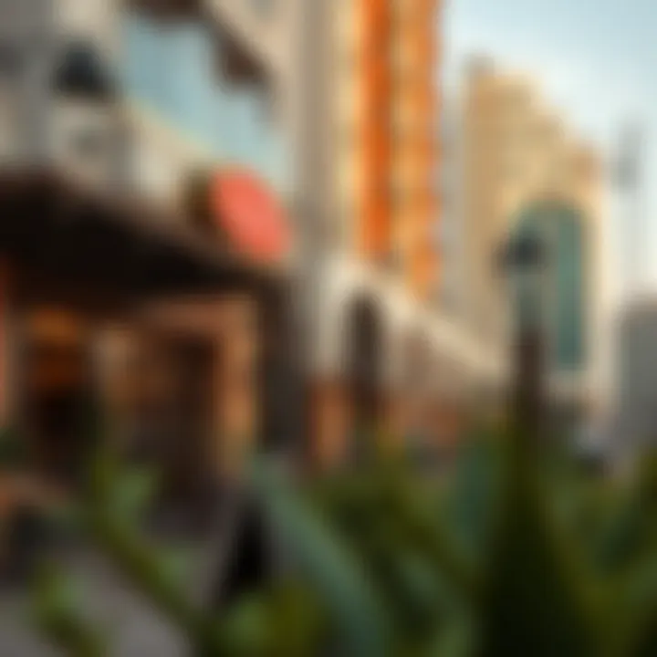 Vibrant lifestyle scene near Iris Bay Tower with cafes and shops