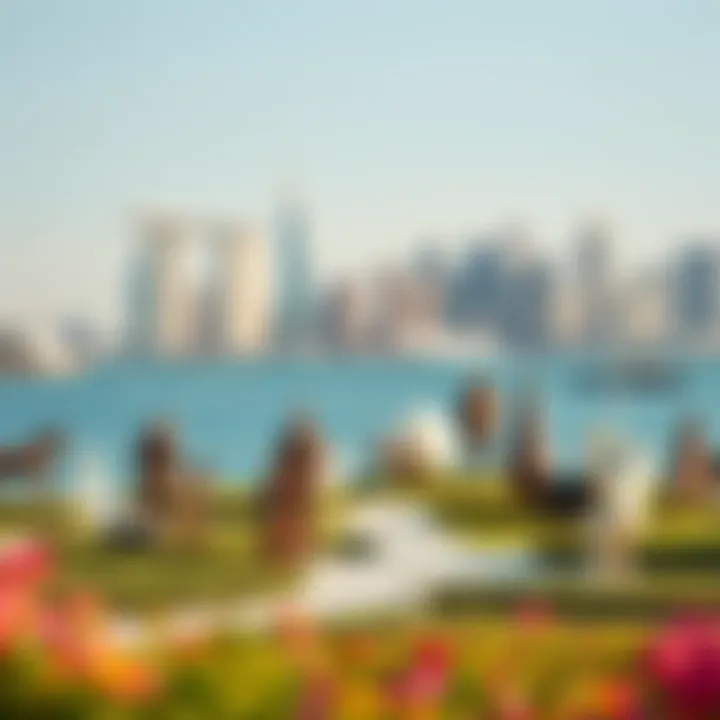 A panoramic view of the Jaddaf Waterfront Sculpture Park showcasing diverse sculptures against the Dubai skyline