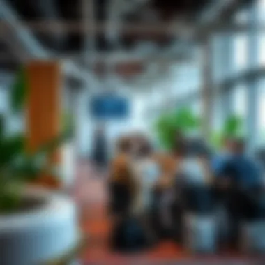 Collaborative Environment in Co-Working Spaces A bustling co-working space filled with diverse professionals collaborating on projects