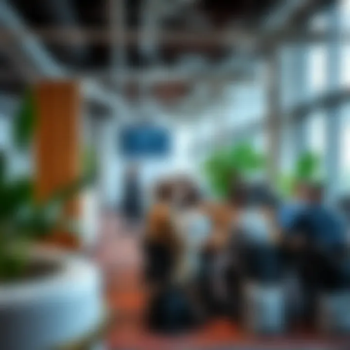 Collaborative Environment in Co-Working Spaces A bustling co-working space filled with diverse professionals collaborating on projects