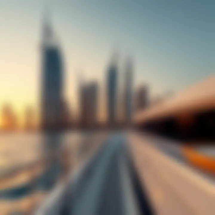 Dubai Skyline from Yacht View of Dubai skyline from a yacht during sunset