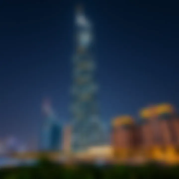Night view of Noora Tower illuminated against the skyline