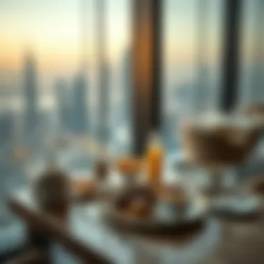 A luxurious dining setting with a view of Dubai's skyline during breakfast