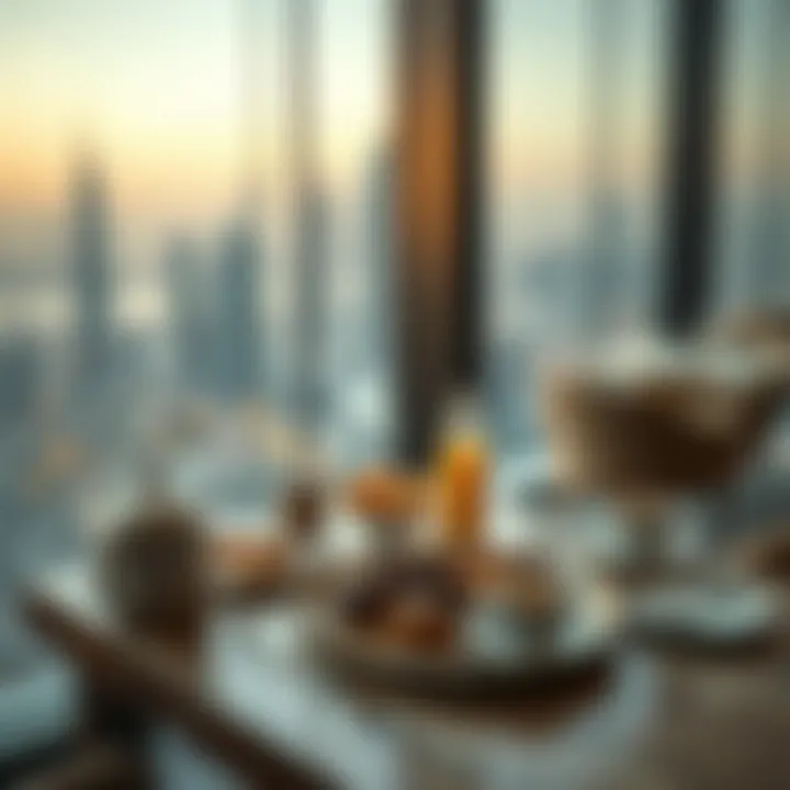 A luxurious dining setting with a view of Dubai's skyline during breakfast