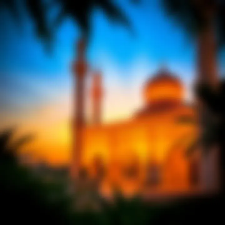 Sunset Serenity: A Mosque in Dubai A stunning view of a mosque in Dubai at sunset, showcasing the architectural beauty and spiritual ambiance.