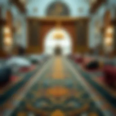 Artistry of Faith: Prayer Mat Details A close-up of a prayer mat with intricate designs, symbolizing the spiritual dedication of worshippers in Dubai.