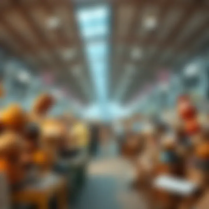 Overview of the bustling auction environment filled with various items