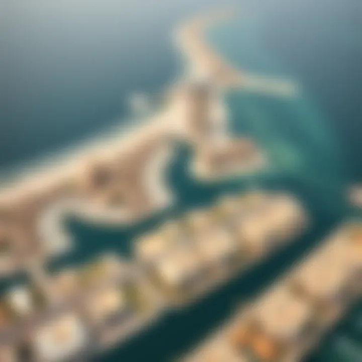 An aerial perspective of the coastal developments surrounding Shorfa Bay, highlighting real estate opportunities