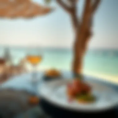 Gourmet dining experience with beautifully plated dishes against a backdrop of the beach