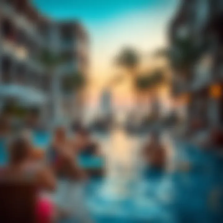 Vibrant poolside atmosphere with guests enjoying cocktails and sunbathing