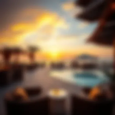 Sunset view from a chic beach club with elegant decor and ambient lighting