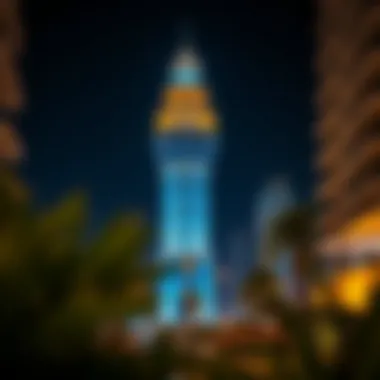 Nighttime view of Creek Tower illuminated, symbolizing its cultural significance