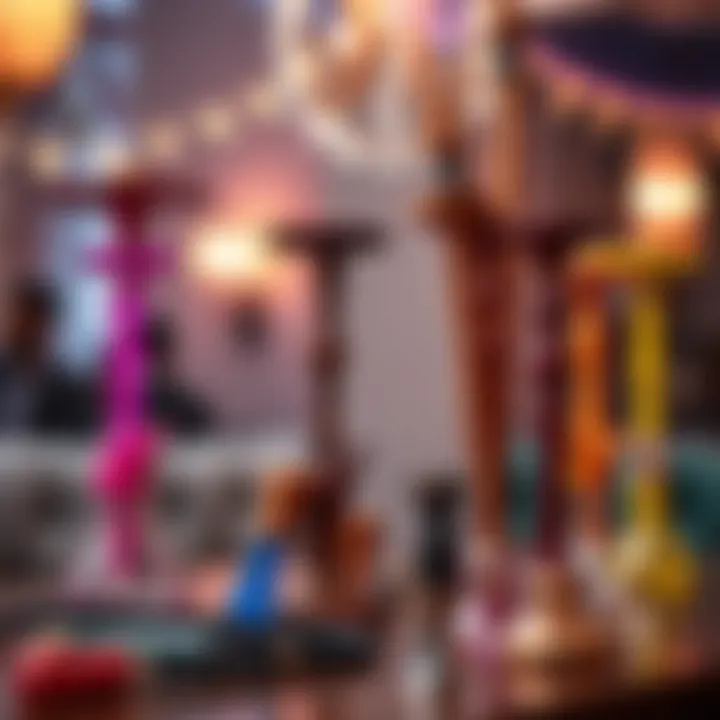 Colorful shisha pipes arranged attractively on a table