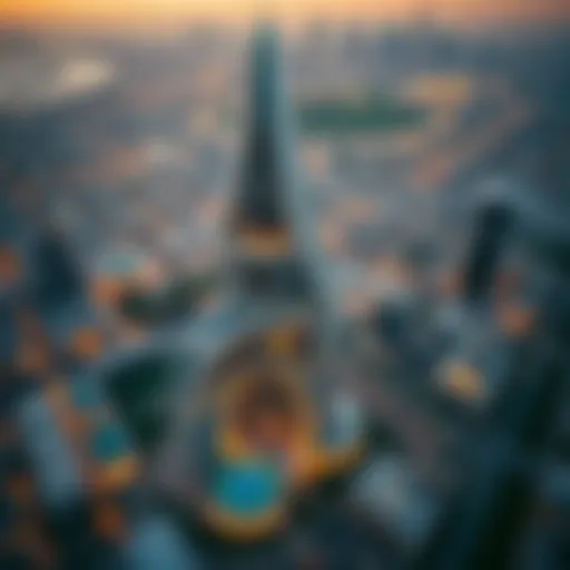 Aerial View of رقم برج الخان A stunning aerial view of رقم برج الخان showcasing its unique architectural design against the Dubai skyline.